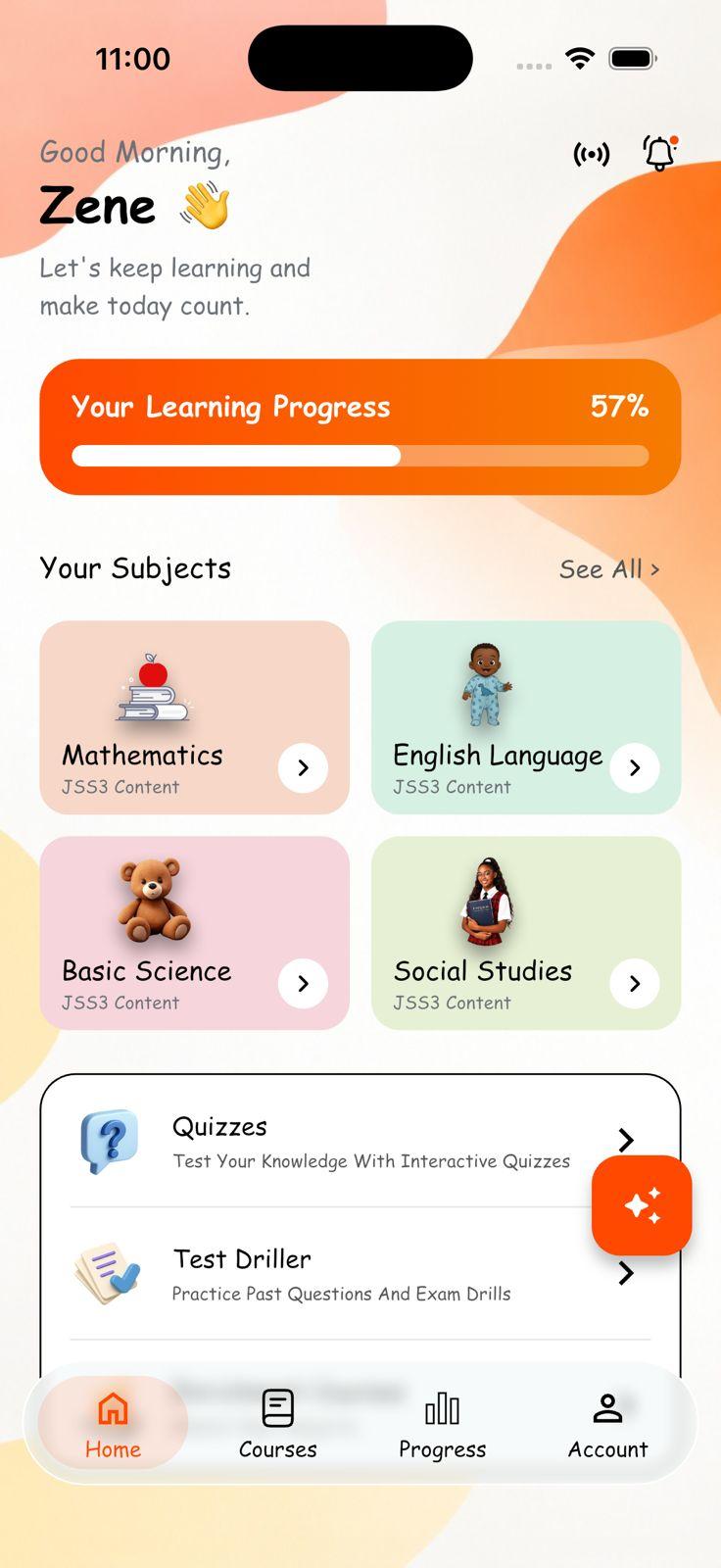Lesson360 app home screen with subjects, quizzes and Test Driller