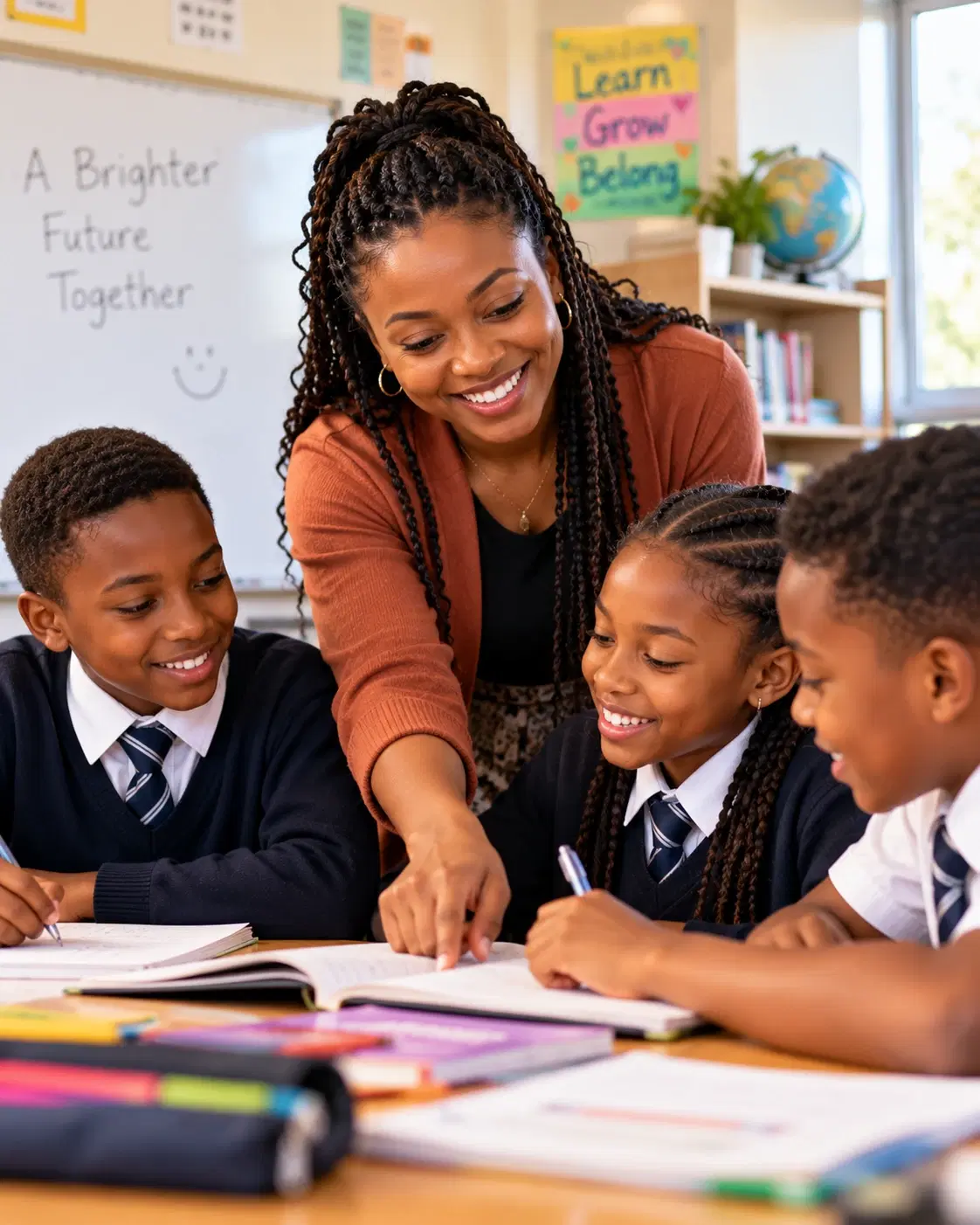 A smiling teacher helping three pupils with their work in class