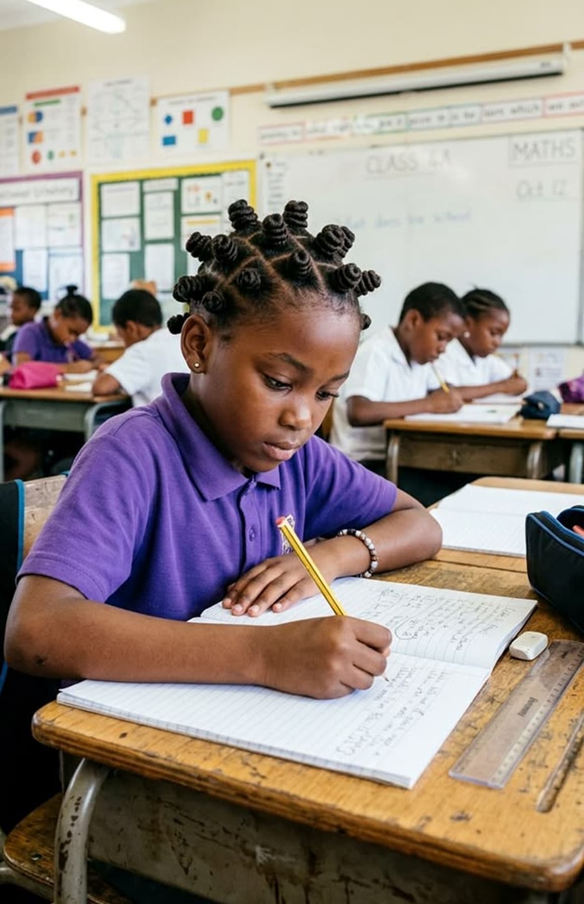 Child in a purple uniform writing at a classroom desk